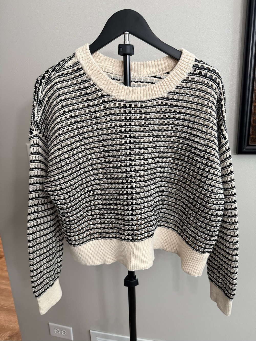 Old Navy Cream and Black Striped Textured Crewneck Sweater